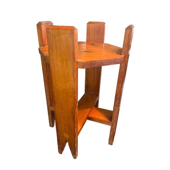 Handmade Vtg Wooden Plant Stand Hexagonal Two-Tier MCM Decor - Picture 2 of 5